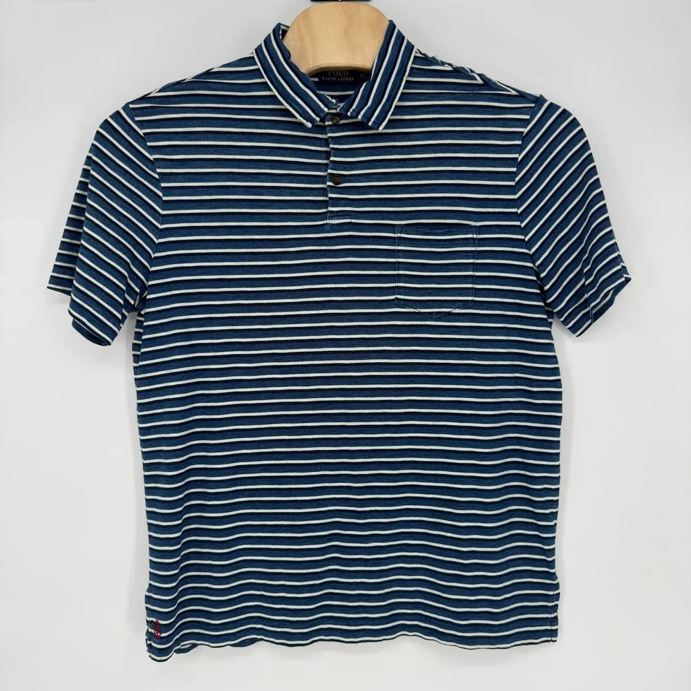 NWOT Polo Ralph Lauren Men XL Blue White Striped Cotton Jersey Pocket Polo Shirt